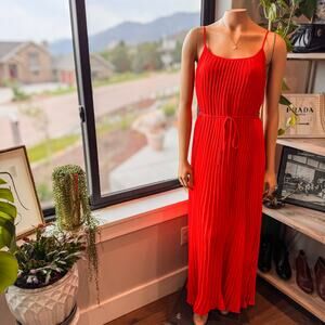 Banana Republic Poppy Red Pleated Maxi Dress-Adjustable Straps-Double Lined-SZ 8